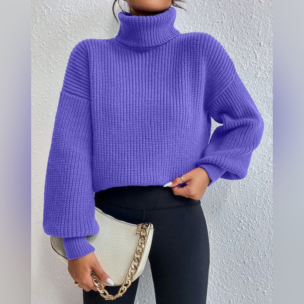 Turtle neck pull over rib knit long sleeve sweater blue - Picture 9 of 15